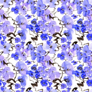 Mavi çiçekli çiçek ağacı dalının suluboya çizimi - pürüzsüz desen. Geleneksel oryantal resim tarzı sumi-e, u-sin ve gohua. Beyaz arkaplanda çiçekler.