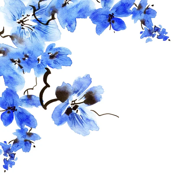 Akwarela Ilustracja Gałęzi Drzewa Niebieskimi Kwiatami Orientalne Tradycyjne Malarstwo Stylu — Zdjęcie stockowe
