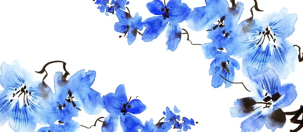 Akwarela Ilustracja Gałęzi Drzewa Niebieskimi Kwiatami Orientalne Tradycyjne Malarstwo Stylu — Zdjęcie stockowe