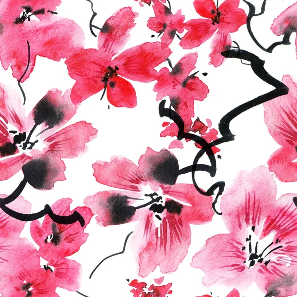 ピンクの花や蕾を持つ桜の木の水彩イラスト シームレスなパターン 様式の東洋の伝統的な絵画 SinとGohua 白地に咲く花 — ストック写真
