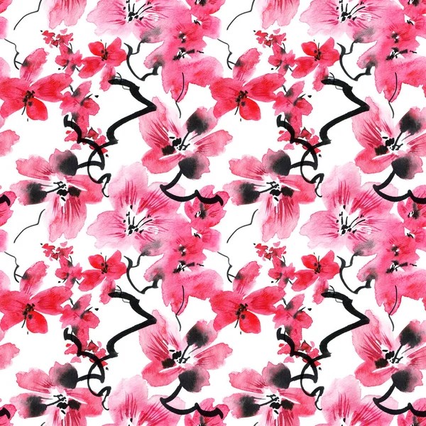 Illustrazione Acquerello Albero Sakura Fiore Con Fiori Rosa Gemme Modello — Foto Stock