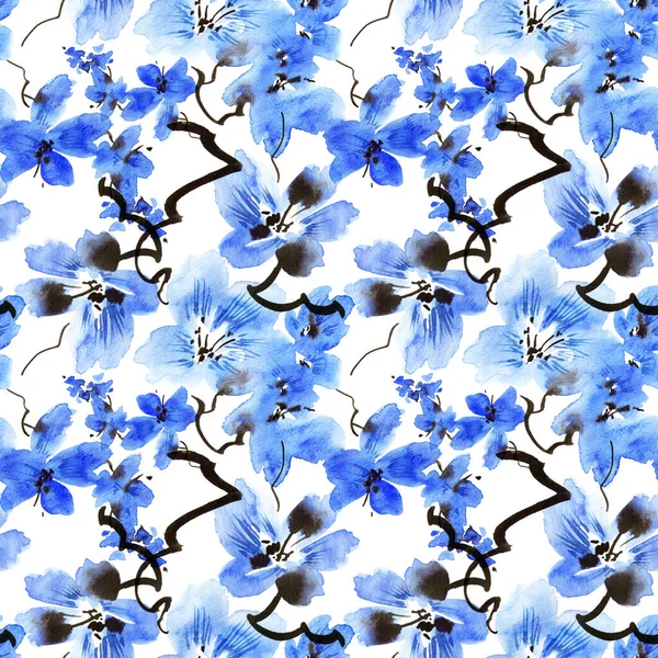 Watercolor Illustration Blossom Tree Branch Blue Flowers Seamless Pattern Oriental — Stock Photo, Image