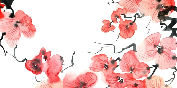 ピンクの花や蕾を持つ桜の木の水彩イラスト 様式の東洋の伝統的な絵画 SinとGohua 白い背景に花 水平設計 — ストック写真