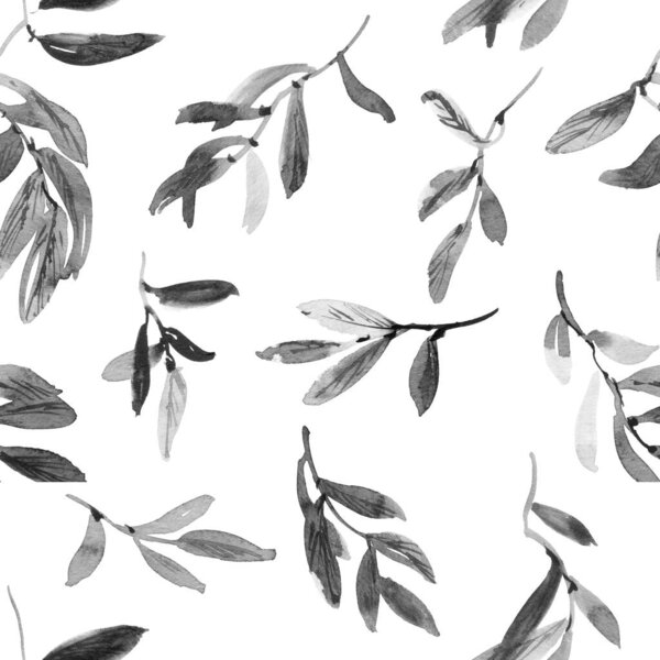 Акварель и чернила иллюстрация листьев деревьев - бесшовный узор. Восточная традиционная живопись в стиле суми-э, усин. Серые листья на белом фоне.