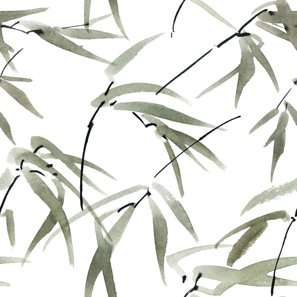 Beyaz Arkaplanda Bambu Yapraklarının Suluboya Çizimi Geleneksel Oryantal Resim Sumi — Stok fotoğraf