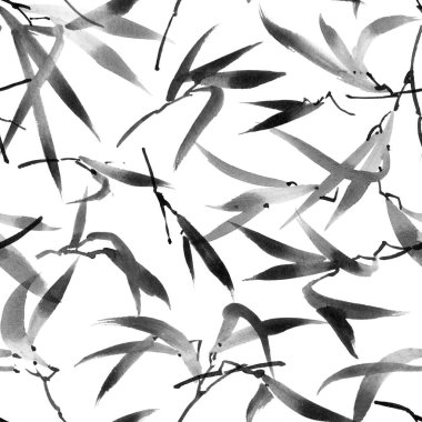 Beyaz arkaplanda bambu yapraklarının suluboya çizimi. Geleneksel oryantal resim, sumi-e..