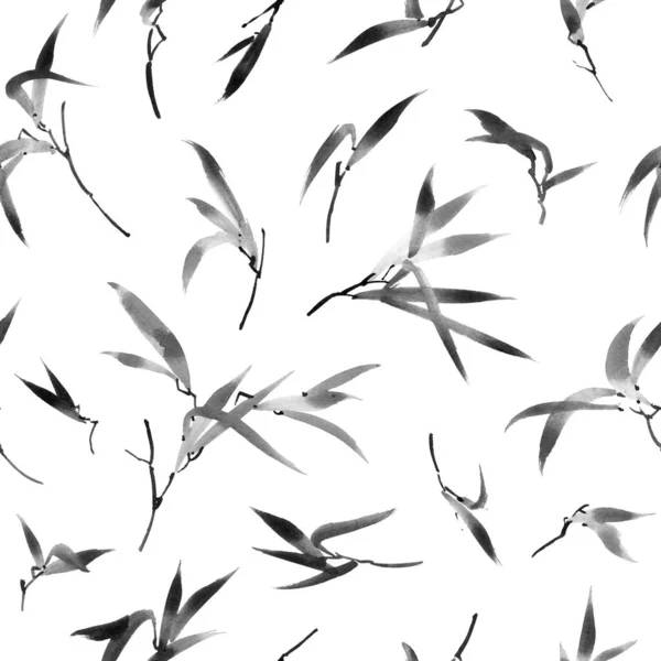 Акварельная Иллюстрация Листьев Бамбука Белом Фоне Восточная Традиционная Живопись Суми — стоковое фото