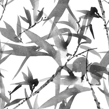 Beyaz arkaplanda bambu yapraklarının suluboya çizimi. Geleneksel oryantal resim, sumi-e..