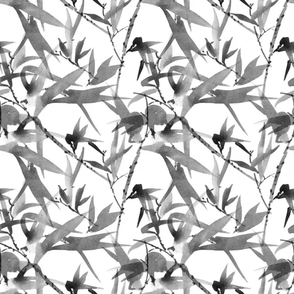 Акварельная Иллюстрация Листьев Бамбука Белом Фоне Восточная Традиционная Живопись Суми — стоковое фото