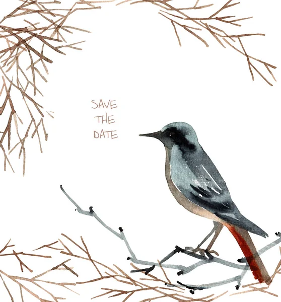 Akvarell Illustration Fågel Träd Gren Design För Gratulationskort Inbjudan Eller — Stockfoto