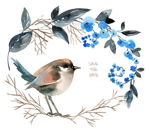 Aquarell Illustration Des Vogels Auf Blumenkranz Design Für Grußkarte Einladung — Stockfoto