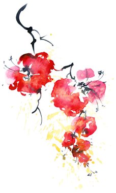 Kırmızı çiçekler ve su sıçramalarıyla suluboya ve mürekkep çizimi. Geleneksel oryantal resim tarzı sumi-e, u-sin ve gohua..