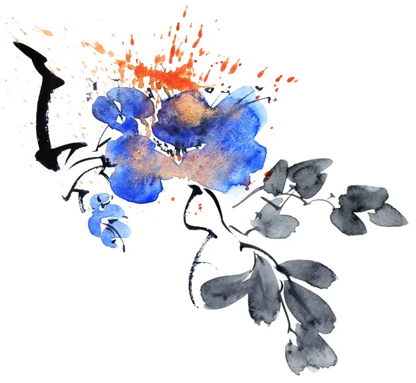 Aquarela Tinta Ilustração Ramo Árvore Flor Com Flores Azuis Salpicos — Fotografia de Stock
