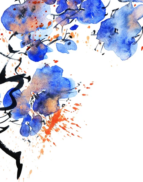 Акварель Чернила Иллюстрация Ветви Цветущего Дерева Голубыми Цветами Брызгами Восточная — стоковое фото
