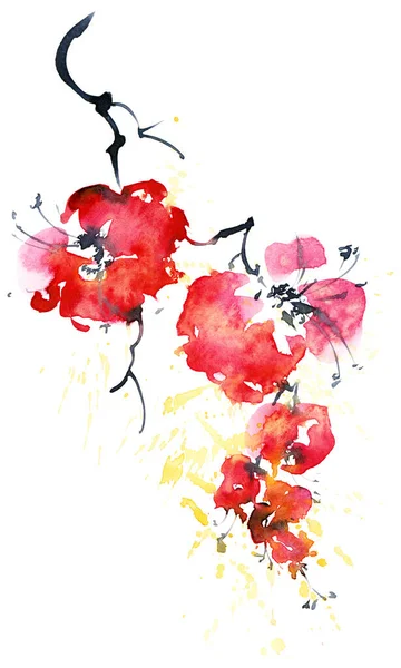 Aquarela Tinta Ilustração Ramo Árvore Flor Com Flores Vermelhas Salpicos — Fotografia de Stock