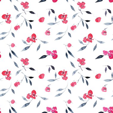 Pembe çiçek ve yaprakların suluboya desenleri. Geleneksel oryantal resim tarzı sumi-e, u-sin ve gohua..