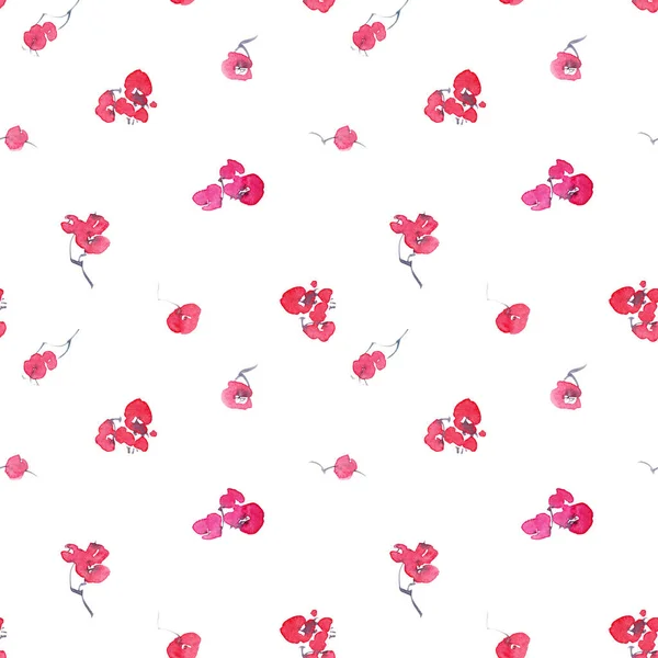 Watercolor Seamless Pattern Pink Flowers Oriental Traditional Painting Style Sumi — Foto de Stock