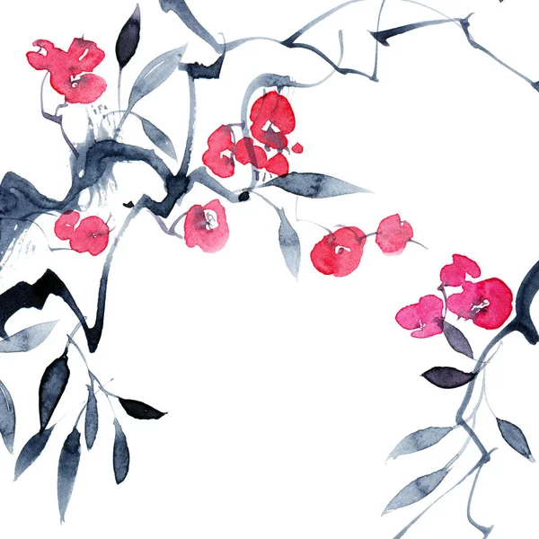 Watercolor Ink Illustration Blossom Tree Branch Red Flowers Leaves Splashes — Stock Photo, Image