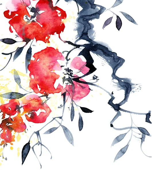 Aquarelle Illustration Encre Une Branche Arbre Fleurs Avec Des Fleurs — Photo