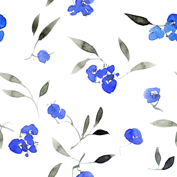 Mavi Çiçek Yaprakların Dikişsiz Suluboya Deseni Geleneksel Oryantal Resim Tarzı — Stok fotoğraf