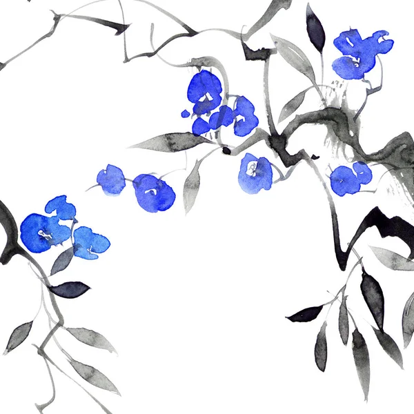 Акварель Чернила Иллюстрация Ветви Цветущего Дерева Голубыми Цветами Листьями Брызгами — стоковое фото