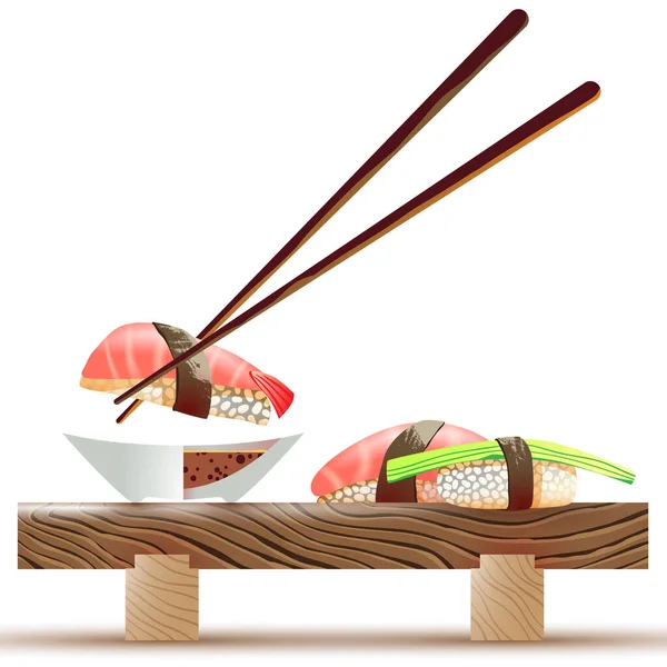Διάνυσμα Απεικόνιση Του Σούσι Μικρό Τραπέζι Μπαστούνια Του Φαγητού Μπολ — Διανυσματικό Αρχείο