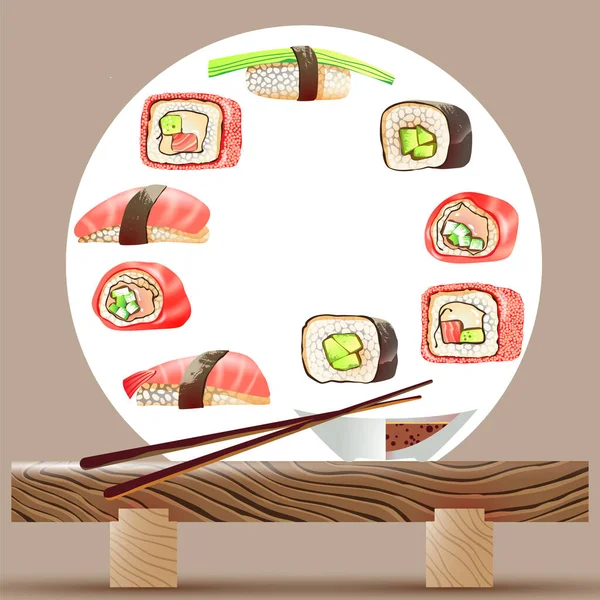 Ilustración Vectorial Sushi Rollos Mesita Palitos Comida Tazón Con Salsa — Vector de stock