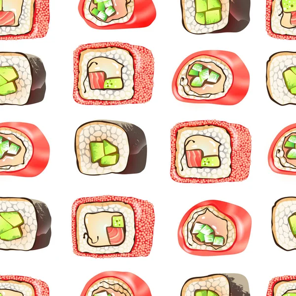 Ilustración Vectorial Sushi Rollos Con Aguacate Pescado Queso Crema Patrón — Vector de stock