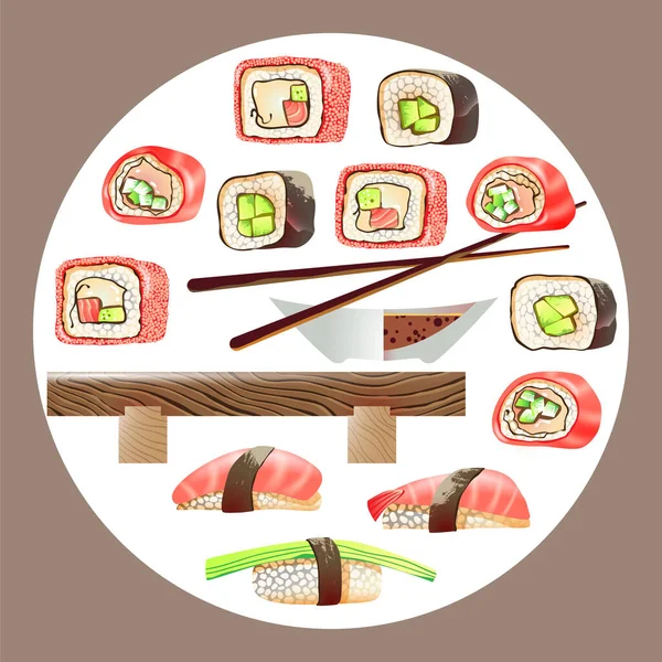 Vektorová Ilustrace Sushi Rolky Stolek Jídelní Tyčinky Miska Sójovou Omáčkou — Stockový vektor