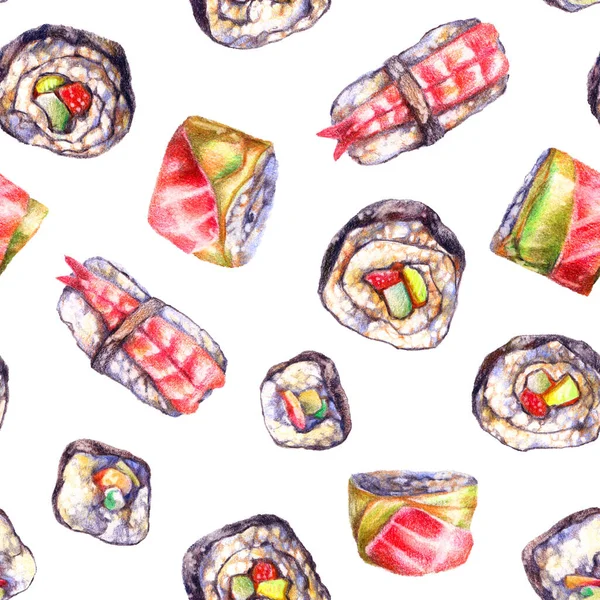 Lápices Colores Ilustración Sushi Rollos Palitos Comida Jengibre Patrón Sin — Foto de Stock