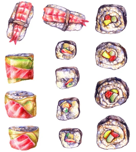 Lápices Colores Ilustración Sushi Rollos Palitos Comida Jengibre Objetos Dibujados — Foto de Stock