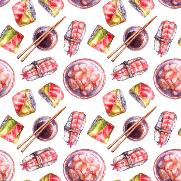 Lápices Colores Ilustración Sushi Rollos Palitos Comida Jengibre Patrón Sin — Foto de Stock