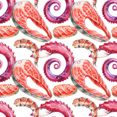 Renkli kalemler deniz ürünlerinin gerçekçi bir gösterimi. Somon bifteği, suşi, rulo ekmek, ahtapot dokunaçları ve karides. Kusursuz desen. Beyaz arkaplanda elle çizilmiş nesneler.