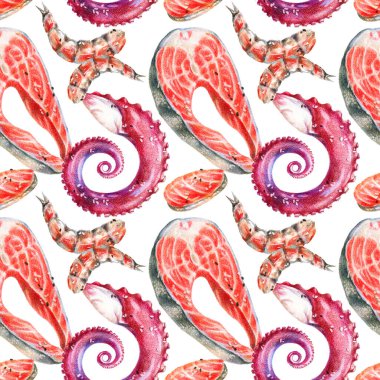 Renkli kalemler deniz ürünlerinin gerçekçi bir gösterimi. Somon bifteği, suşi, rulo ekmek, ahtapot dokunaçları ve karides. Kusursuz desen. Beyaz arkaplanda elle çizilmiş nesneler.