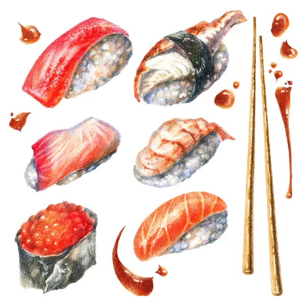 Lápices Colores Ilustración Realista Mariscos Asiáticos Sushi Con Pollo Salmón — Foto de Stock