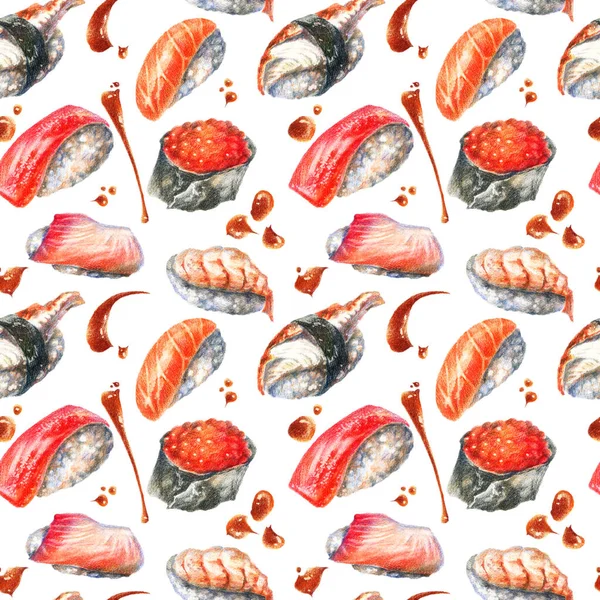 Lápices Colores Ilustración Realista Mariscos Asiáticos Sushi Rollos Gotas Salsa — Foto de Stock