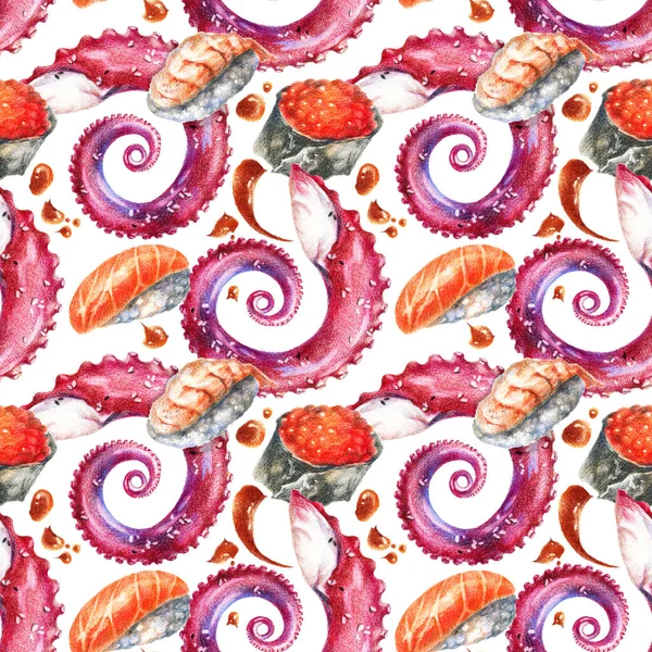 Lápices Colores Ilustración Realista Mariscos Asiáticos Sushi Rollo Con Caviar — Foto de Stock