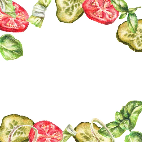 Crayons Couleur Illustration Alimentaire Réaliste Tomate Cornichon Oignon Basilic Feuilles — Photo