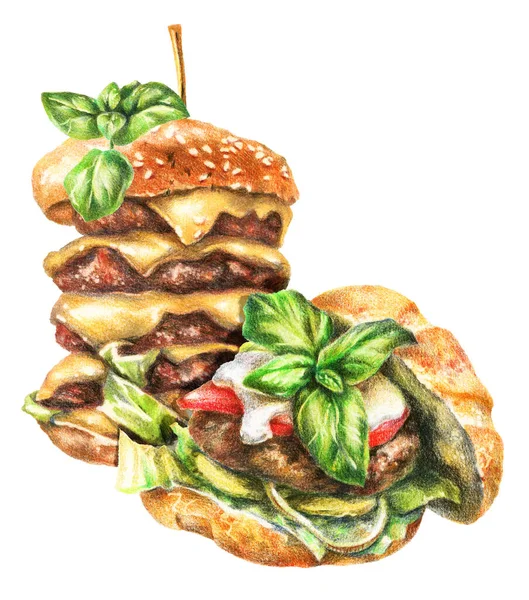Farbstifte Realistische Lebensmittel Illustration Von Verschiedenen Burgern Handgezeichnetes Objekt Auf — Stockfoto