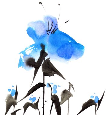 Beyaz arka planda mavi çiçeklerin suluboya ve mürekkep çizimi. Geleneksel oryantal resim tarzı sumi-e, u-sin ve gohua. Tebrik kartı, davet veya kapak için tasarım ögesi.