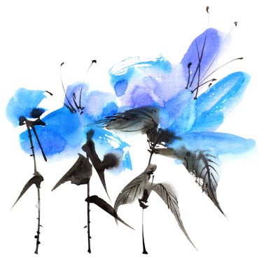 Beyaz arka planda mavi çiçeklerin suluboya ve mürekkep çizimi. Geleneksel oryantal resim tarzı sumi-e, u-sin ve gohua. Tebrik kartı, davet veya kapak için tasarım ögesi.