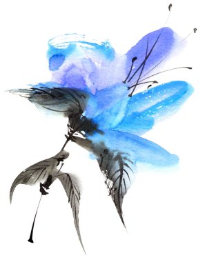 Beyaz arka planda mavi çiçeğin suluboya ve mürekkep çizimi. Geleneksel oryantal resim tarzı sumi-e, u-sin ve gohua. Tebrik kartı, davet veya kapak için tasarım ögesi.