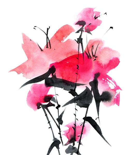 Акварель Чорнильне Зображення Рожевих Квітів Букету Білому Тлі Східний Традиційний — стокове фото
