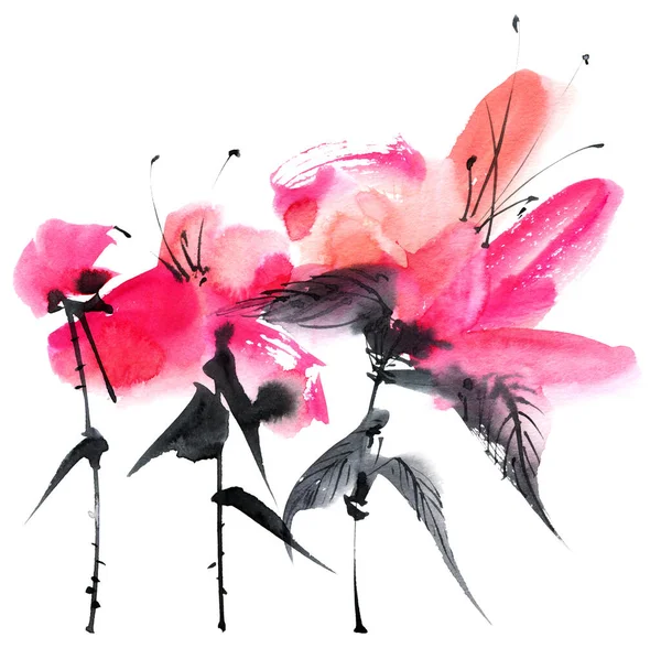 Acquerello Inchiostro Illustrazione Fiori Rosa Sfondo Bianco Pittura Orientale Tradizionale — Foto Stock