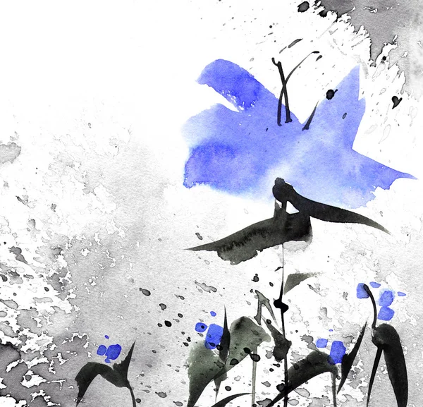 Acuarela Ilustración Tinta Flores Azules Sobre Fondo Textura Grunge Pintura — Foto de Stock