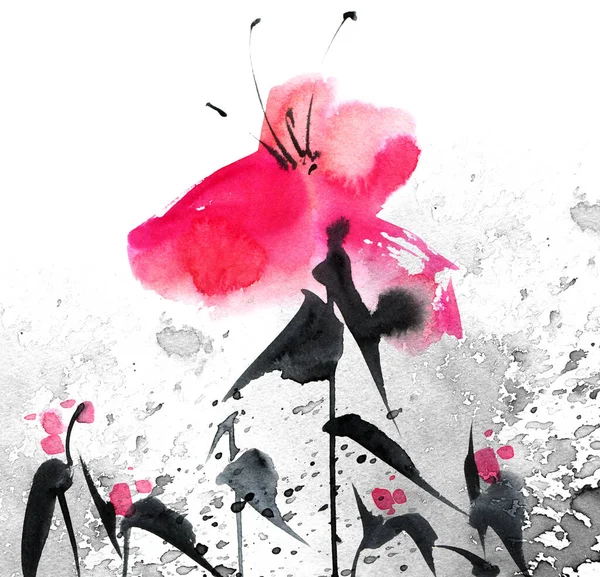 Illustration Aquarelle Encre Fleurs Roses Sur Fond Texture Grunge Peinture — Photo
