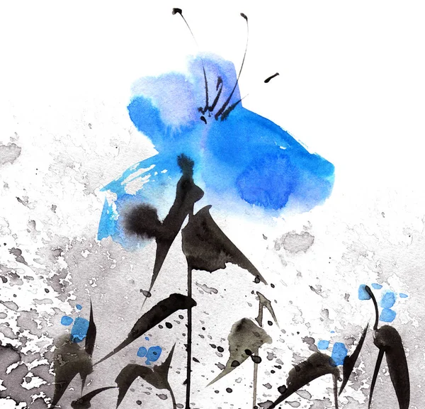 Aquarelle Illustration Encre Fleurs Bleues Sur Fond Texture Grunge Peinture — Photo
