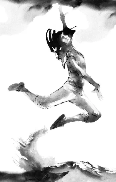 髪を飛んでジャンプで踊りの女の子の水彩やインクのイラスト 様式の東洋の伝統的な絵画 SinとGohua 白を基調としたグレースケールのドローイング — ストック写真