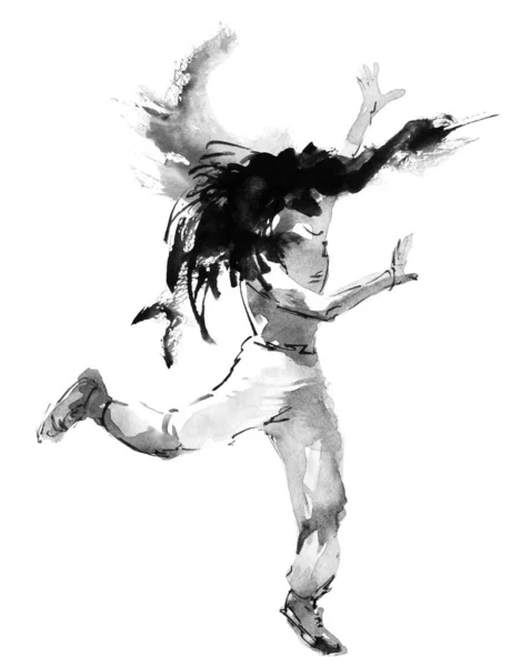 Aquarelle Illustration Encre Danseuse Dans Saut Avec Des Cheveux Volants — Photo