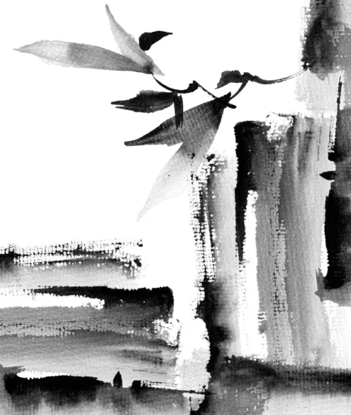 木の枝と抽象的なグランジストロークの水彩とインクのイラスト 白地にグレースケールの図面 様式上の伝統的絵画墨絵 — ストック写真